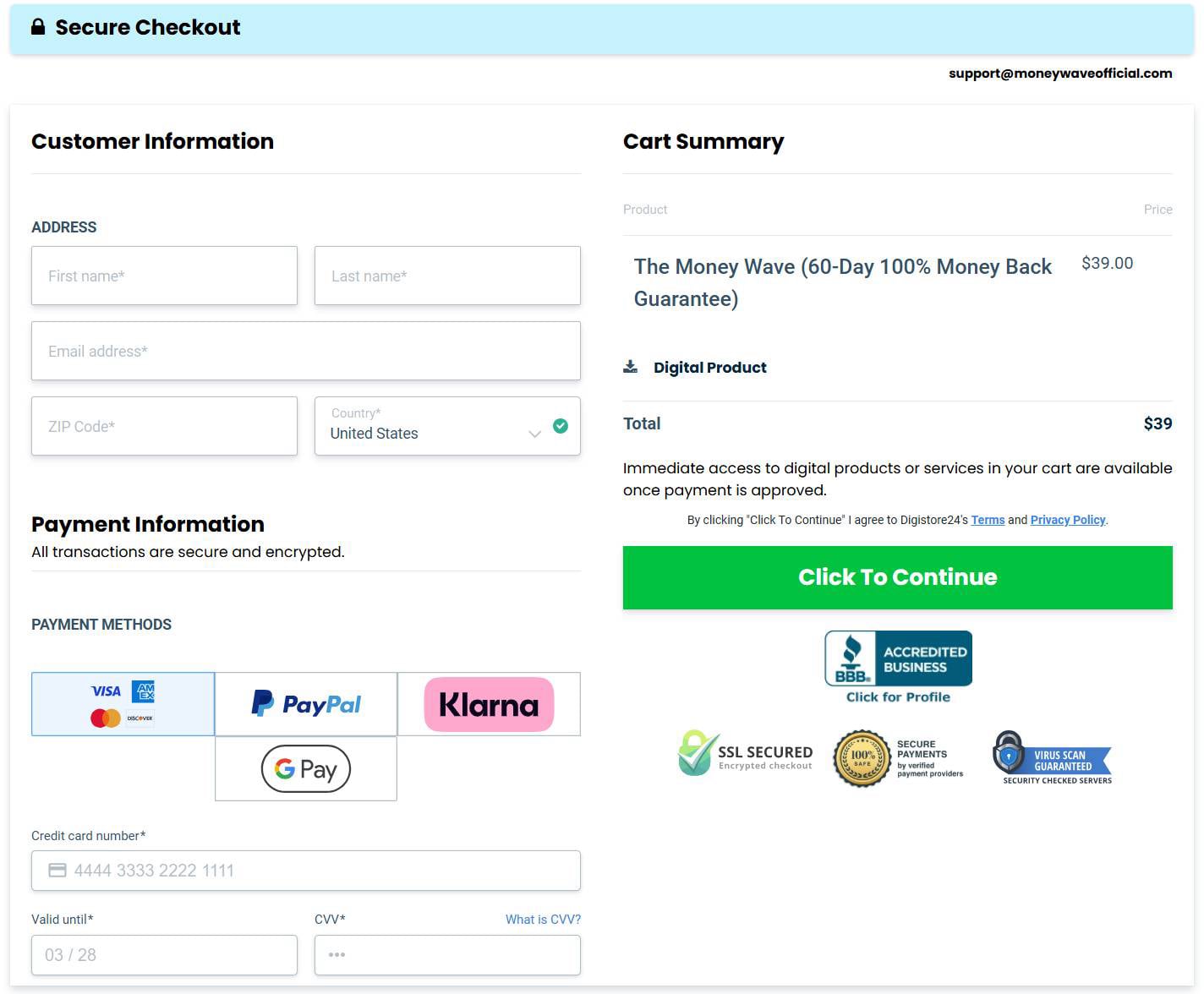 The Money Wave Checkout Page